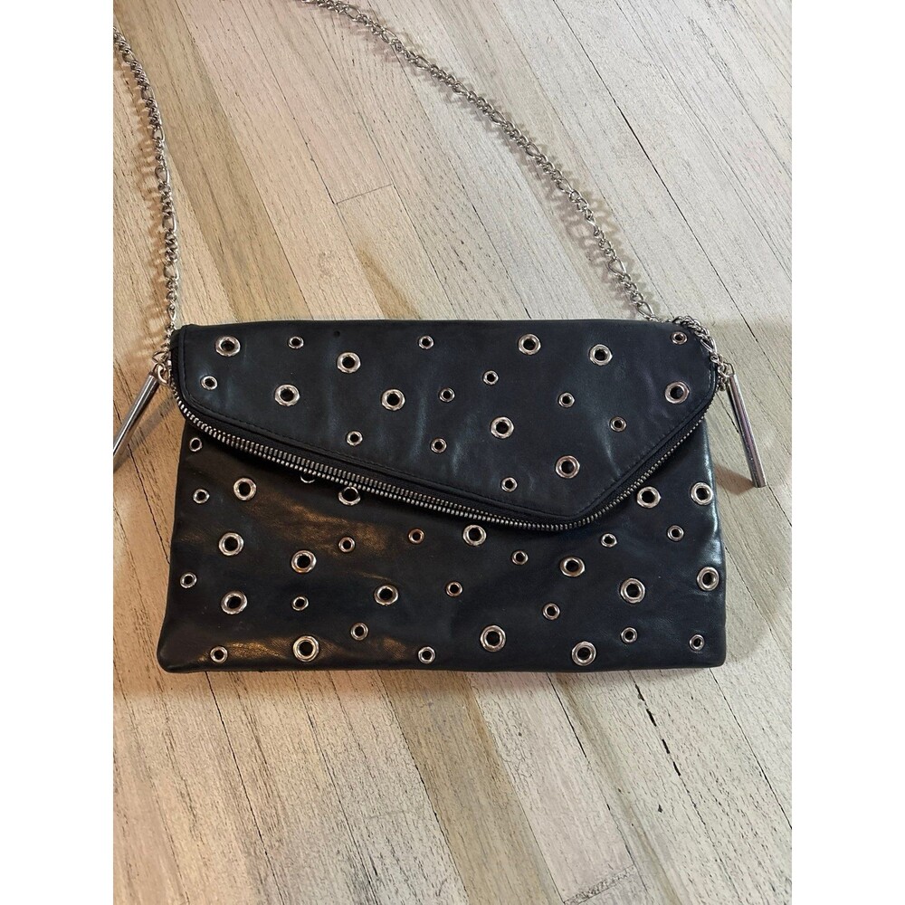 Authentic Henri Bendel Black Leather Grommet Envelope Crossbody Clutch